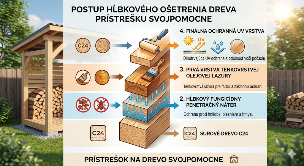 Správny postup aplikácie ochranných a biocídnych náterov na stavebné rezivo prístrešku