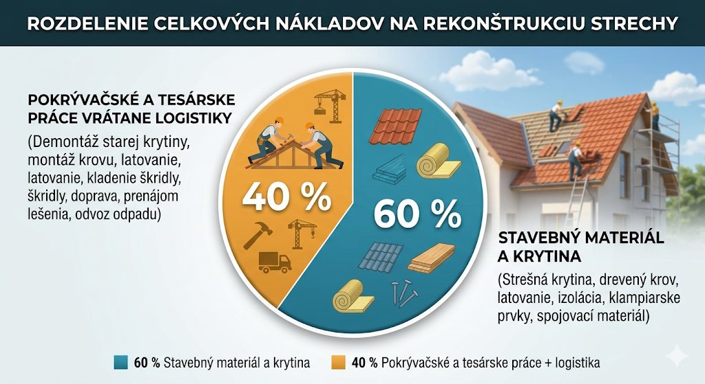 Percentuálne rozdelenie nákladov pre projekt rekonštrukcia strechy cena materiálu a prác
