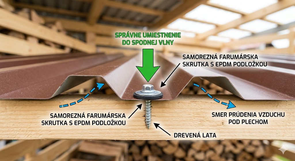 Technický detail montáže profilovaného plechu na strešné latovanie pomocou farmárskych skrutiek