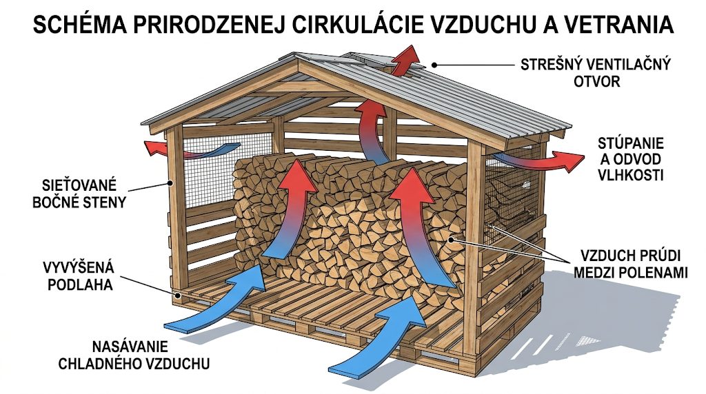 Schéma prirodzenej cirkulácie vzduchu a vetrania v prístrešku na palivové drevo